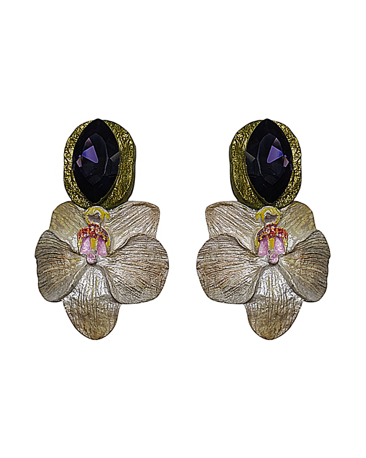 Orchid Flower – Handmade Paper Mache Earrings With Purple Stone - Image 1