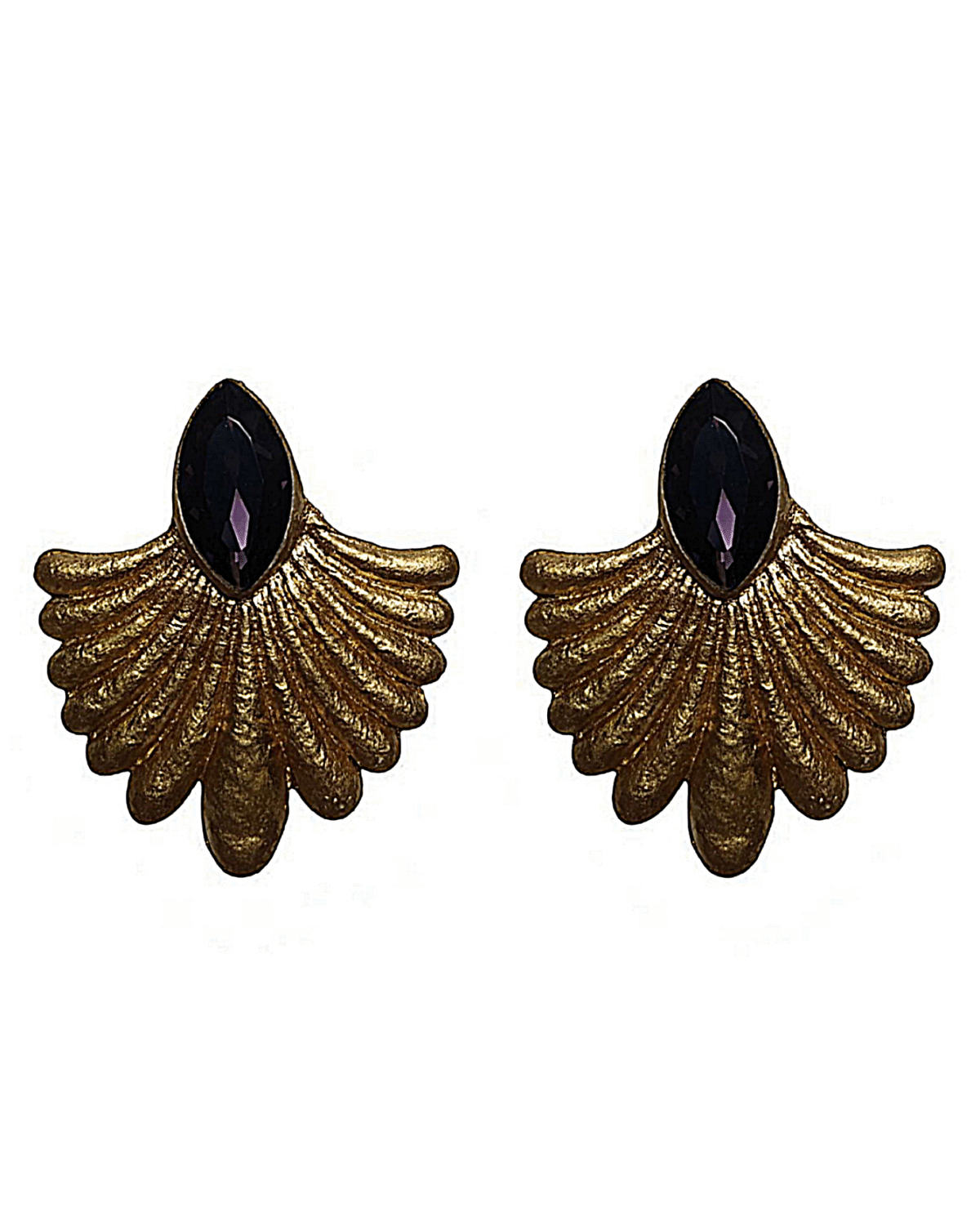 Gilded Feathers – Handmade Paper Mache Earrings with Purple Stone - Image 1