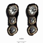 Coins, handmade earrings, paper mache