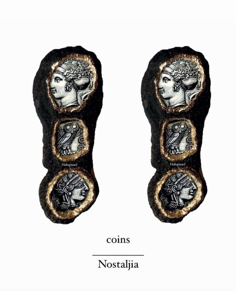 Coins, handmade earrings, paper mache