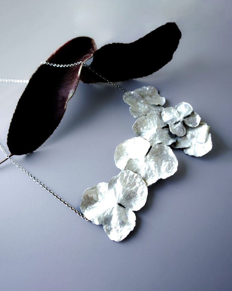 Handmade Flower Necklace, Silver Resin, Steel Chain