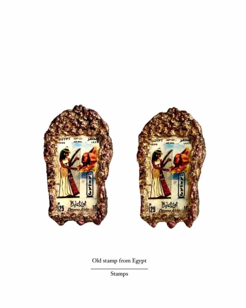 Stamp from Egypt, handmade earrings, paper mache