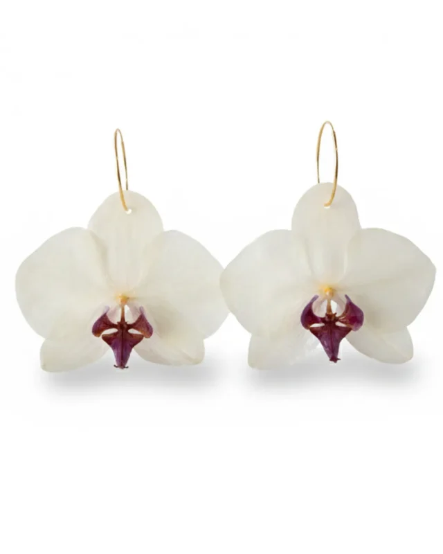 Handmade Real Orchid Earrings With Silver Hoop in white background