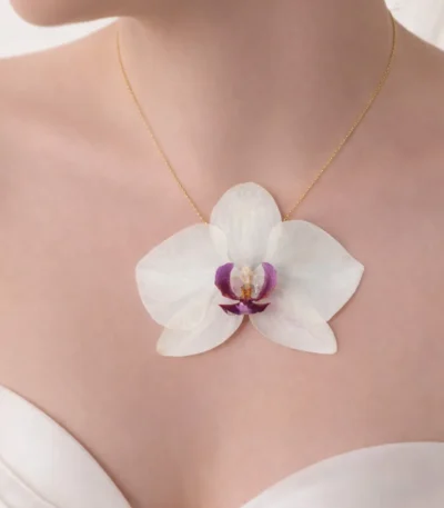 Handmade Real Orchid Necklace With Silver Chain On Model
