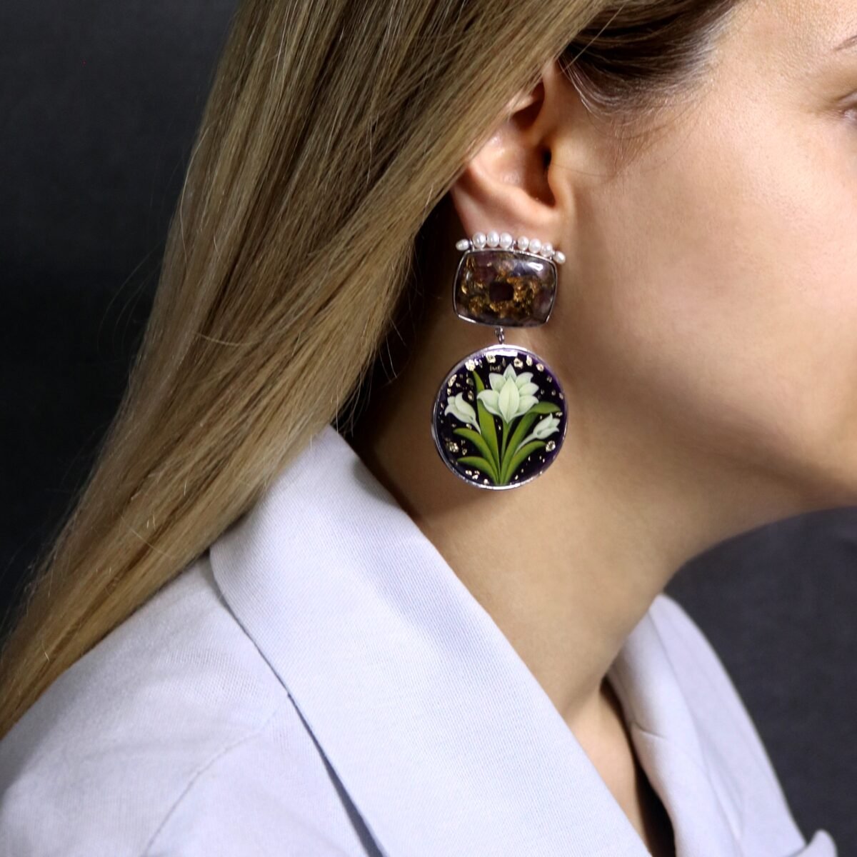 Bone Painting earrings, Handmade, Mohave-Charoite - Image 2