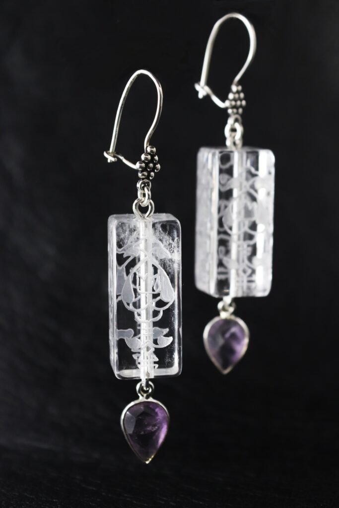 Handmade Gold Plated Silver Earrings with Quartz Crystal and Amethyst gemstones