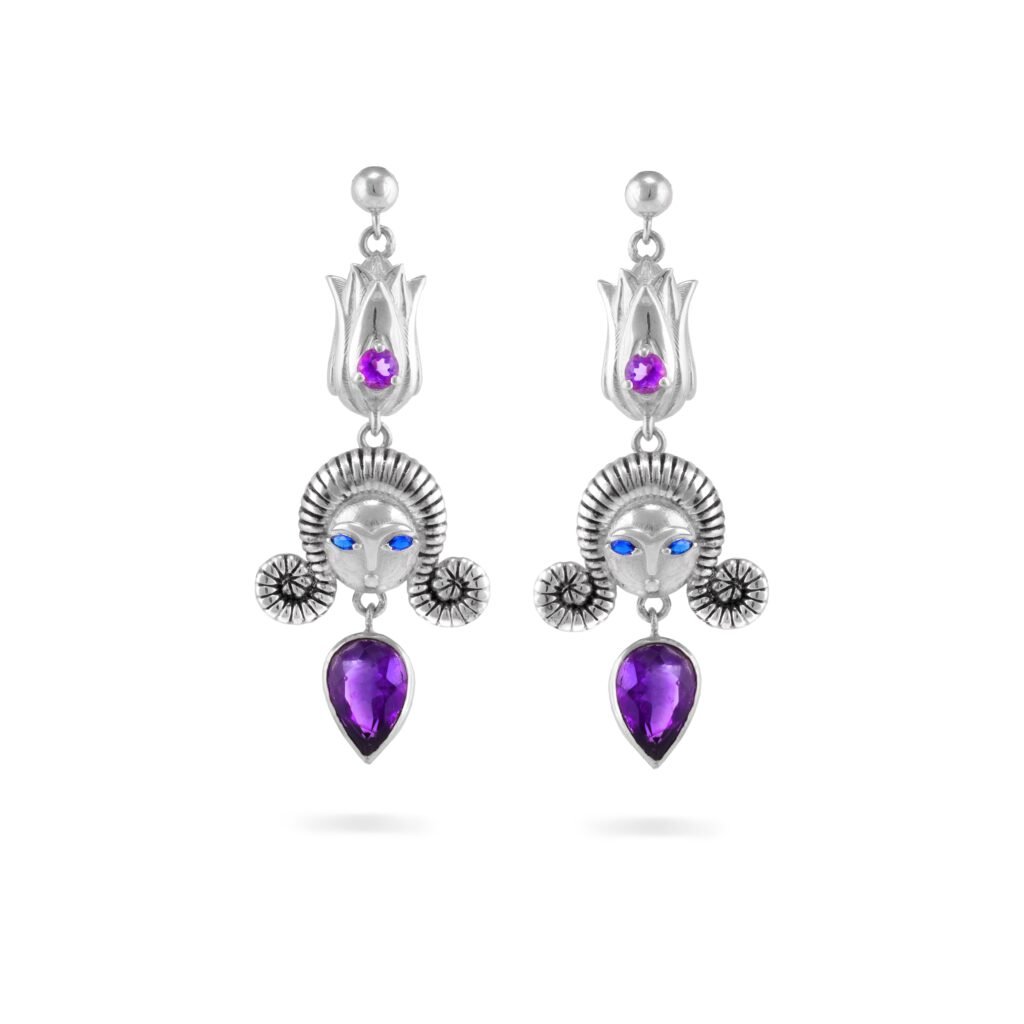 Dokhtaran-e-Dasht-e-Dagh Gold Plated Silver Earrings with Amethyst and Sapphire gemstones