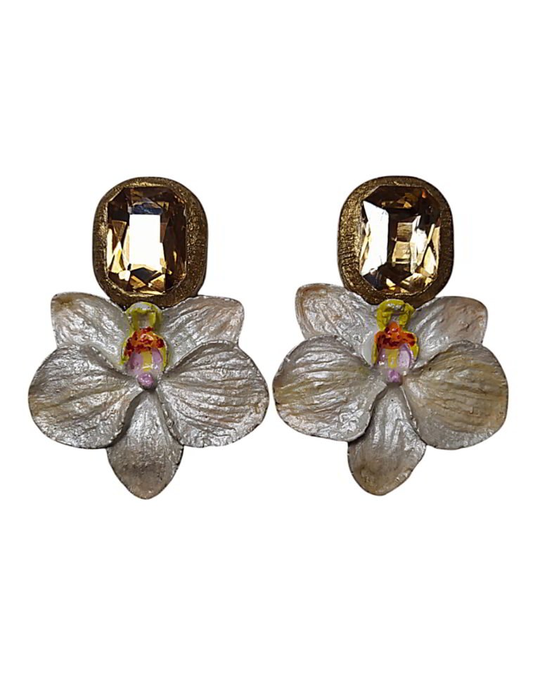 Orchid Flower – Handmade Paper Mache Earrings With Gold Stone – Light Weight