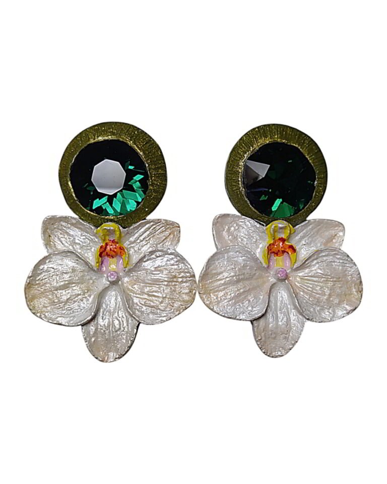 Orchid Flower – Handmade Earrings With Green Stone – Light Weight