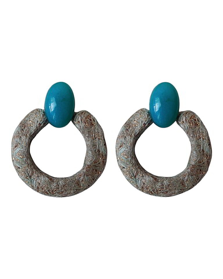 Handmade Earrings With Turquoise Silk Covered and Resin Stone