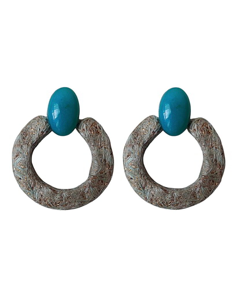 Handmade Earrings With Turquoise Silk Covered and Resin Stone