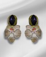Orchid Flower – Handmade Paper Mache Earrings With Purple Stone - Image 4