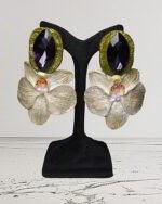 Orchid Flower – Handmade Paper Mache Earrings With Purple Stone - Image 3