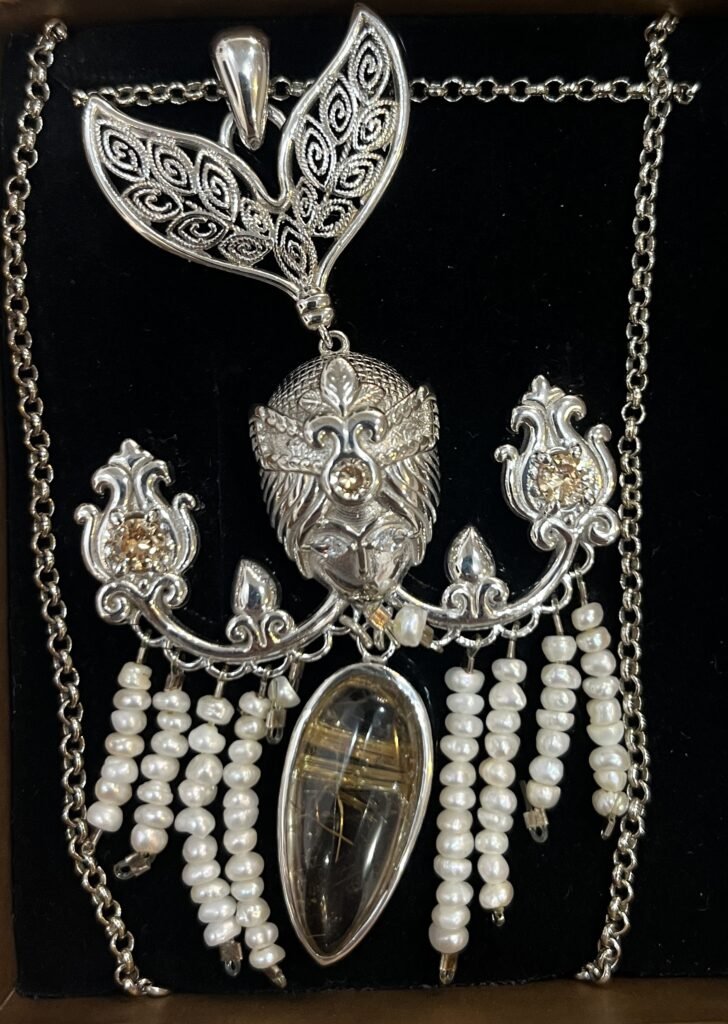 Parishid Gold Plated Silver Pendant with Pearl and Rutile and Synthetic gemstones.