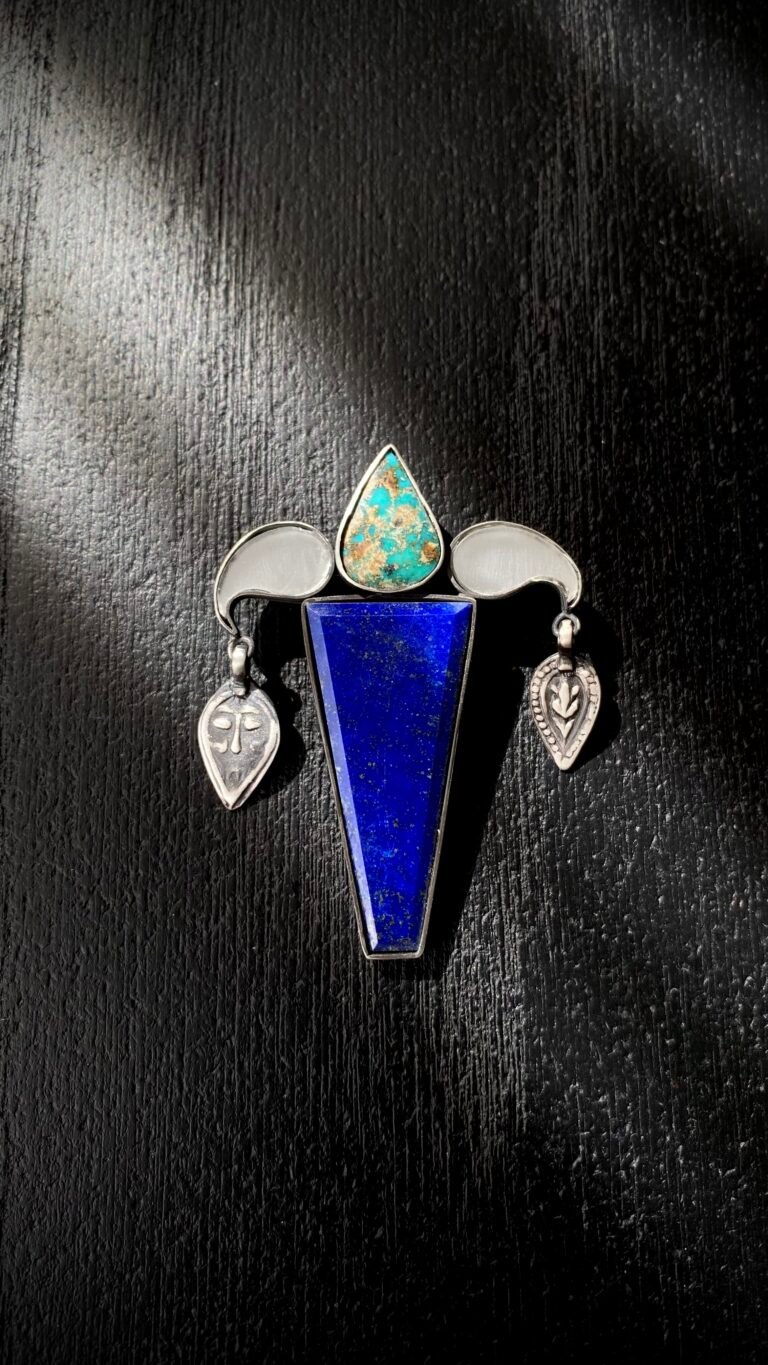 “Gāvash” Handmade Silver Brooch with Lapis Lazuli, Turquoise, and Mirror Accents