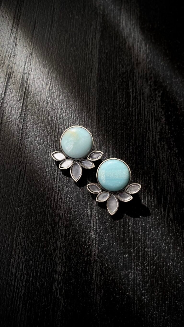 “Goldokht” Handmade Silver Earrings with Aquamarine and Mirror, Inspired by Iranian Architecture