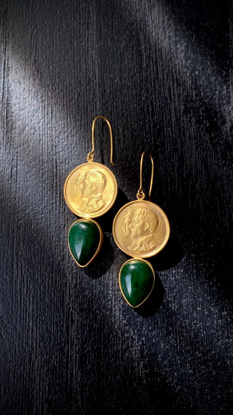 “Hamdam”Handmade Gold-Plated Coin Earrings with Green Jade