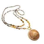 Handmade necklace with natural seashell pendant and gemstone beads, featuring gold stainless steel clasp,