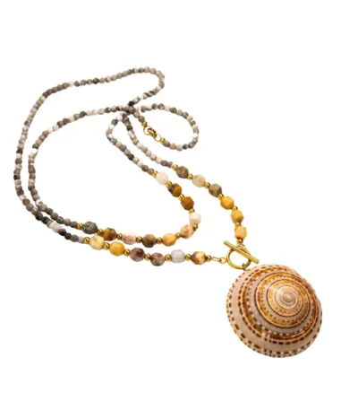 Handmade necklace with natural seashell pendant and gemstone beads, featuring gold stainless steel clasp,