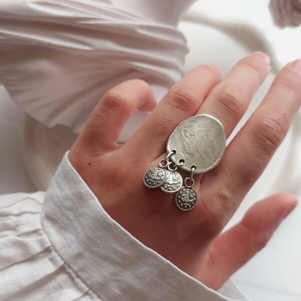 Vintage Nickel Silver Coin Charm Ring – Free Size