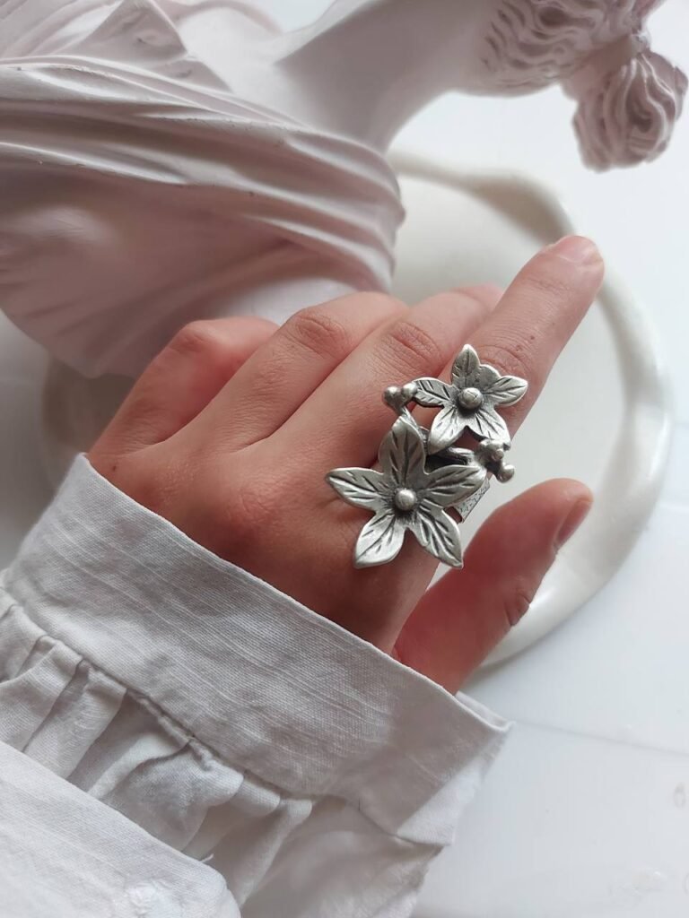 Nickel Silver Handmade Floral Ring – Free Size