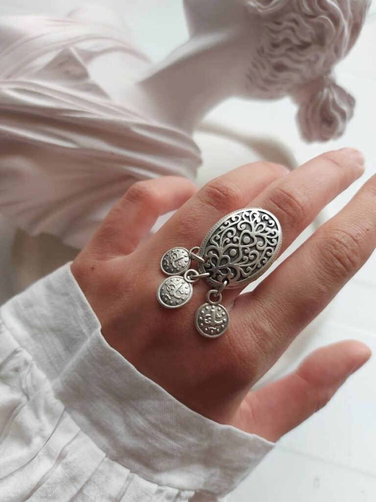 Vintage Nickel Silver Ring with Coin Pendants