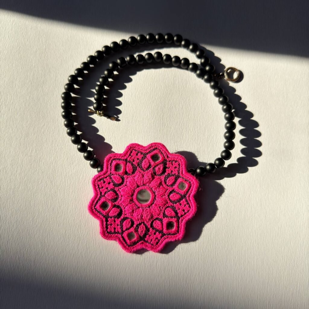 Handmade Onyx Necklace with Balochi Embroidery & Mirror Work