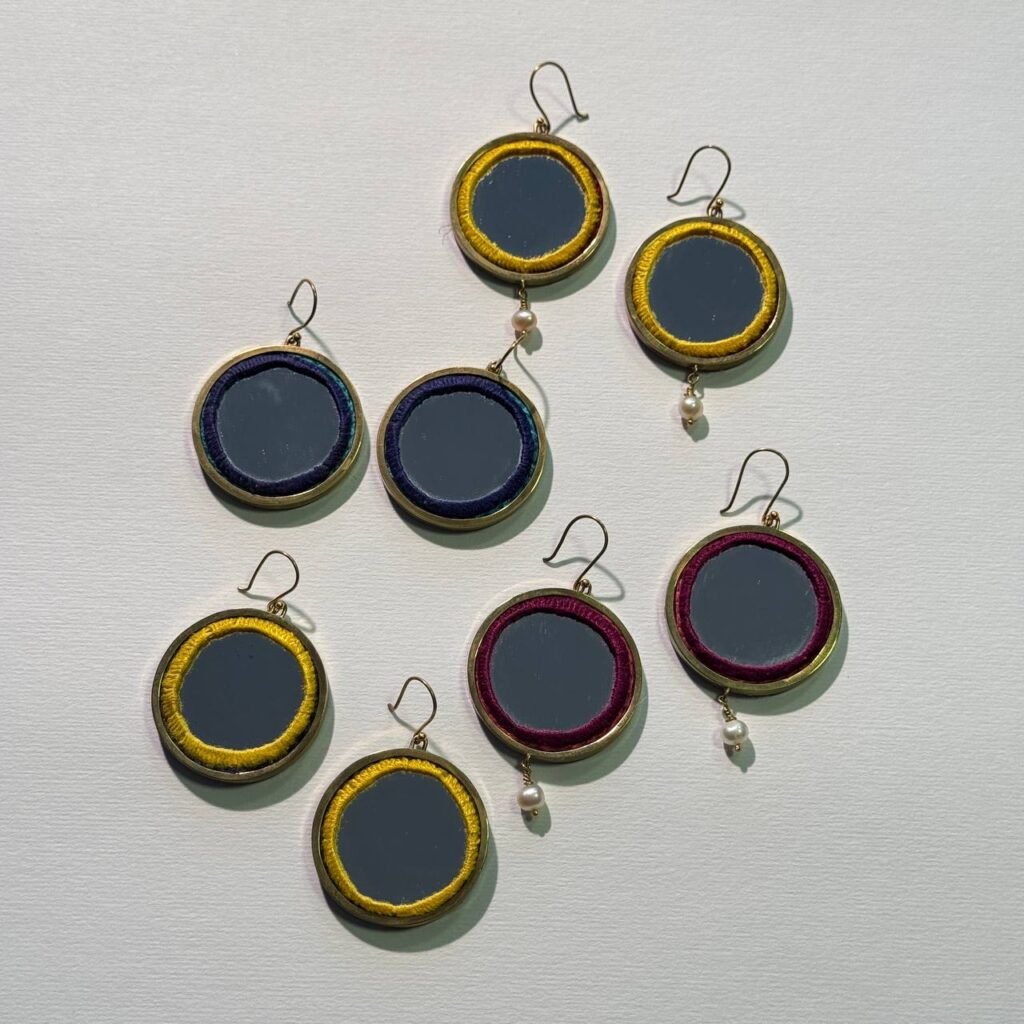 Handmade Brass Mirror Earrings with Balochi Embroidery & Decorative Pearls