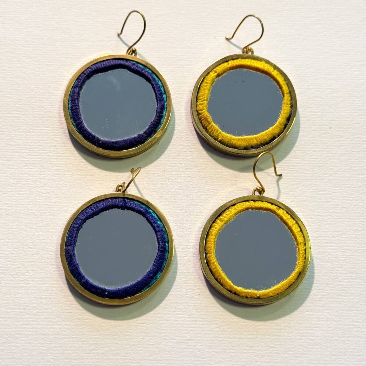 Handmade Brass Mirror Earrings with Balochi Embroidery & Decorative Pearls - Image 3