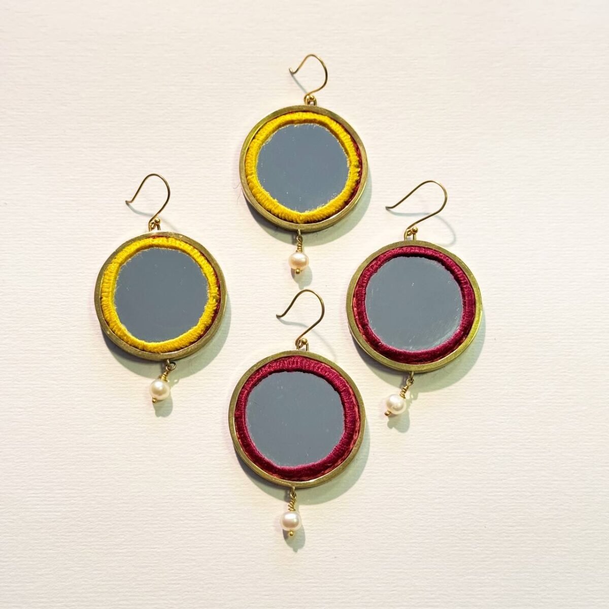 Handmade Brass Mirror Earrings with Balochi Embroidery & Decorative Pearls - Image 2