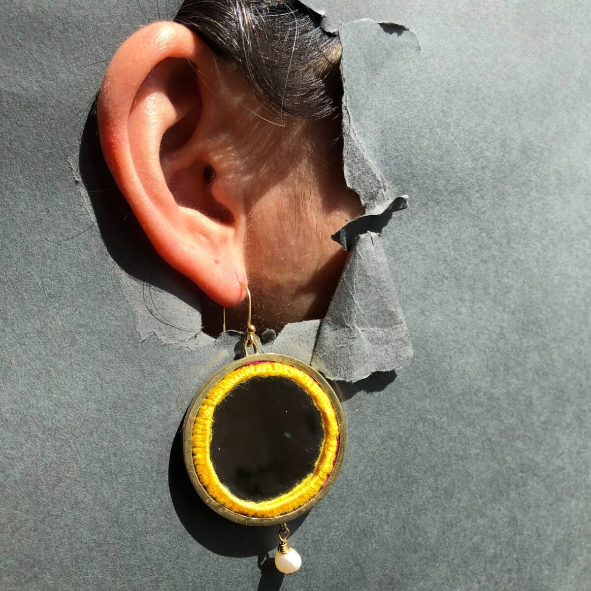 Handmade Brass Mirror Earrings with Balochi Embroidery & Decorative Pearls - Image 10