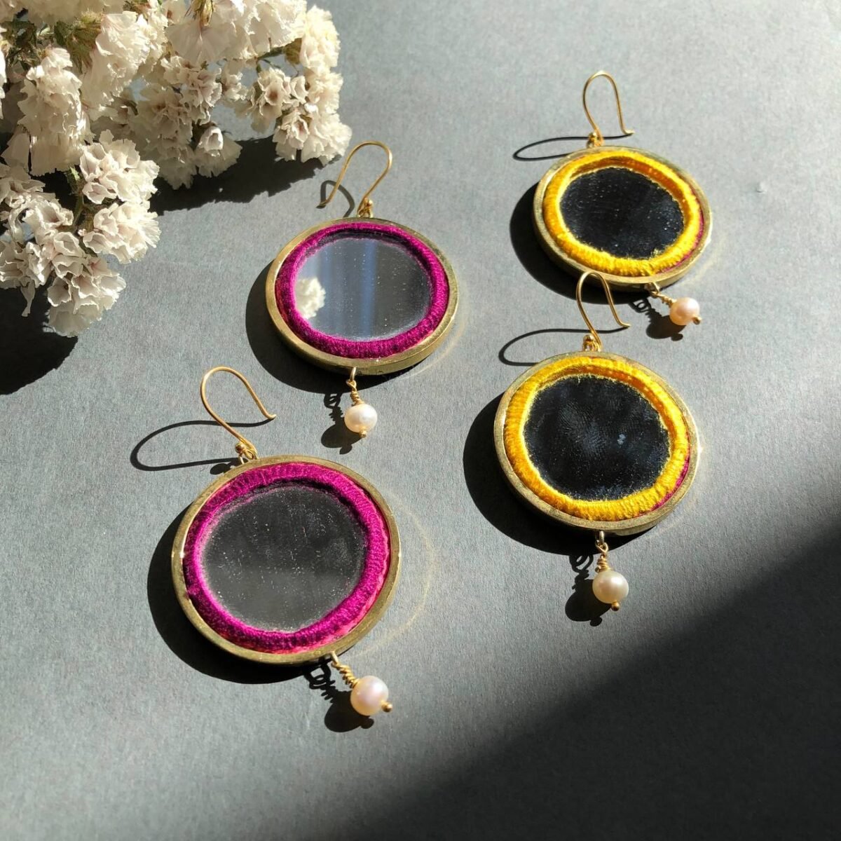 Handmade Brass Mirror Earrings with Balochi Embroidery & Decorative Pearls - Image 12