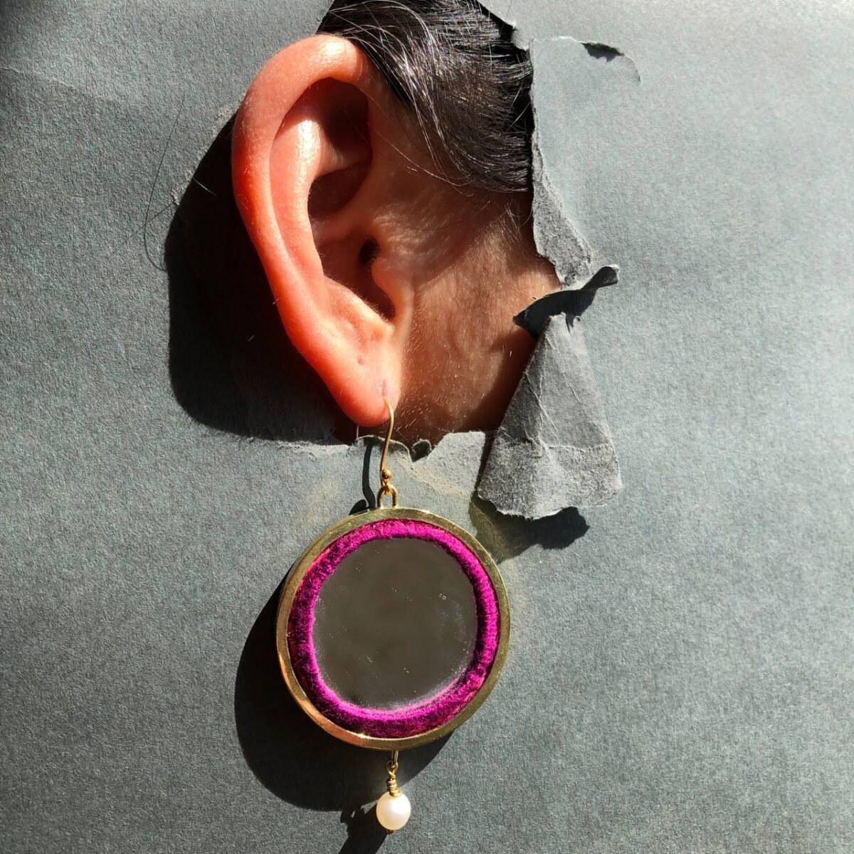 Handmade Brass Mirror Earrings with Balochi Embroidery & Decorative Pearls - Image 5