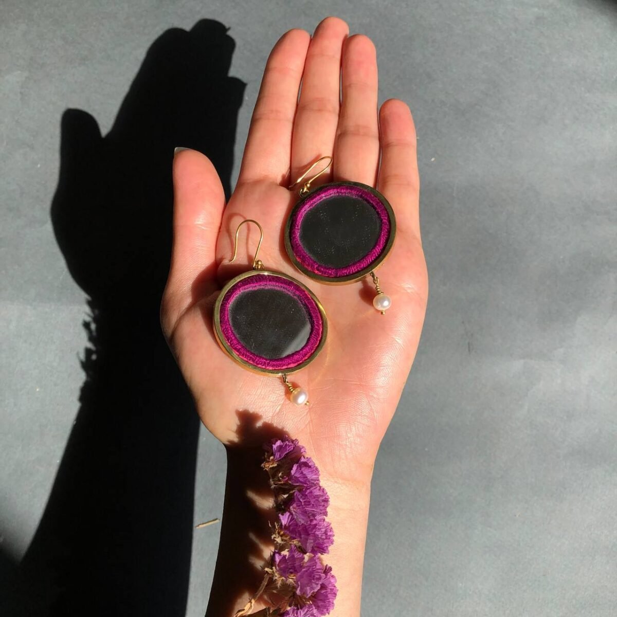 Handmade Brass Mirror Earrings with Balochi Embroidery & Decorative Pearls - Image 7