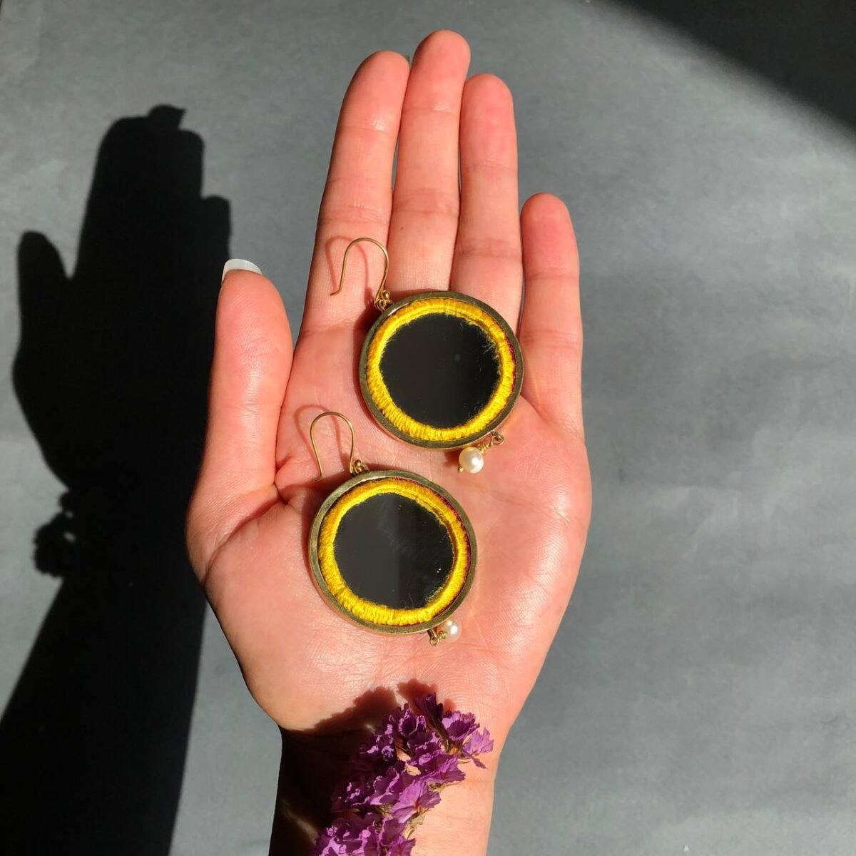 Handmade Brass Mirror Earrings with Balochi Embroidery & Decorative Pearls - Image 8