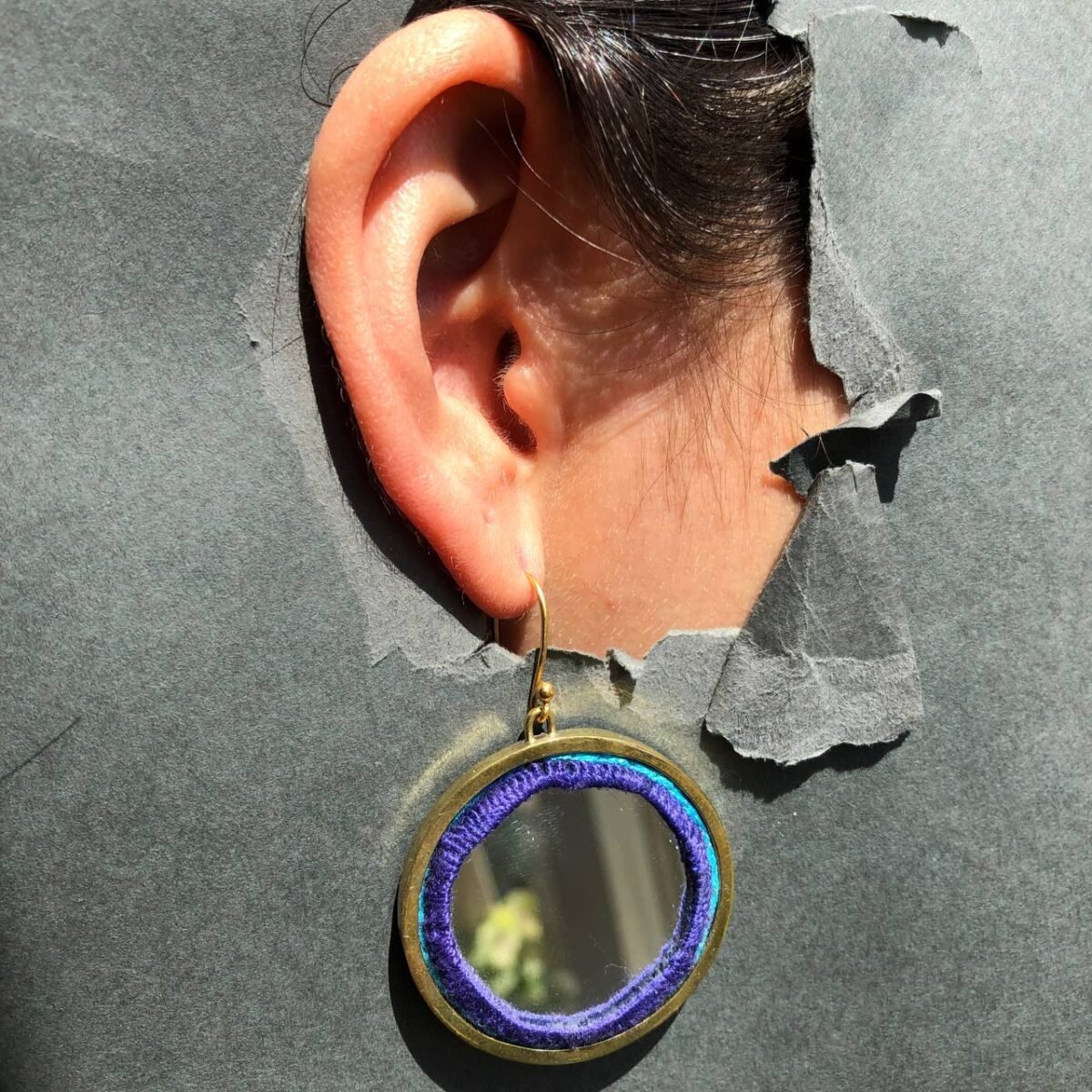 Handmade Brass Mirror Earrings with Balochi Embroidery & Decorative Pearls - Image 4