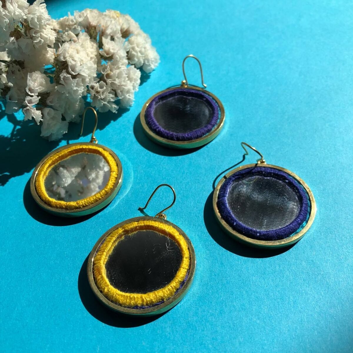 Handmade Brass Mirror Earrings with Balochi Embroidery & Decorative Pearls - Image 13