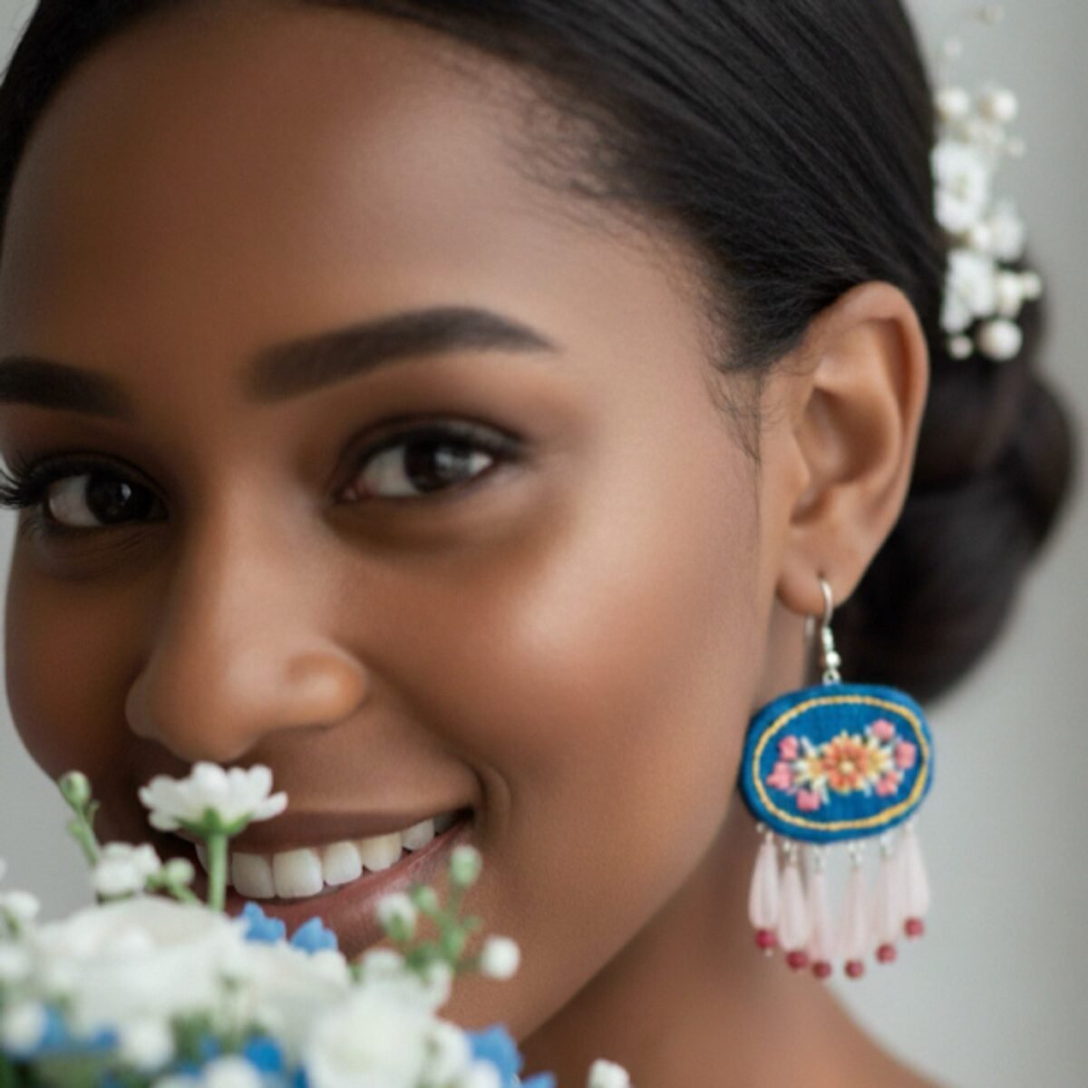Cultural Statement Earrings with Hand-Embroidered Blue Patteh, Silver Earrings Parts, Rose Quartz Stone & Red Jade Stone - Image 2