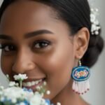 Cultural Statement Earrings with Hand-Embroidered Blue Patteh, Silver Earrings Parts, Rose Quartz Stone & Red Jade Stone - Image 2