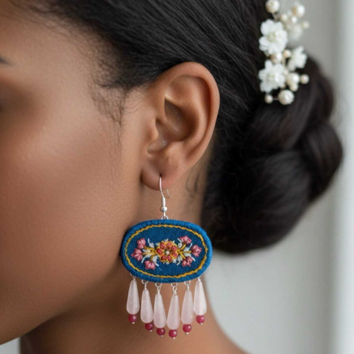 Cultural Statement Earrings with Hand-Embroidered Blue Patteh, Silver Earrings Parts, Rose Quartz Stone & Red Jade Stone - Image 4