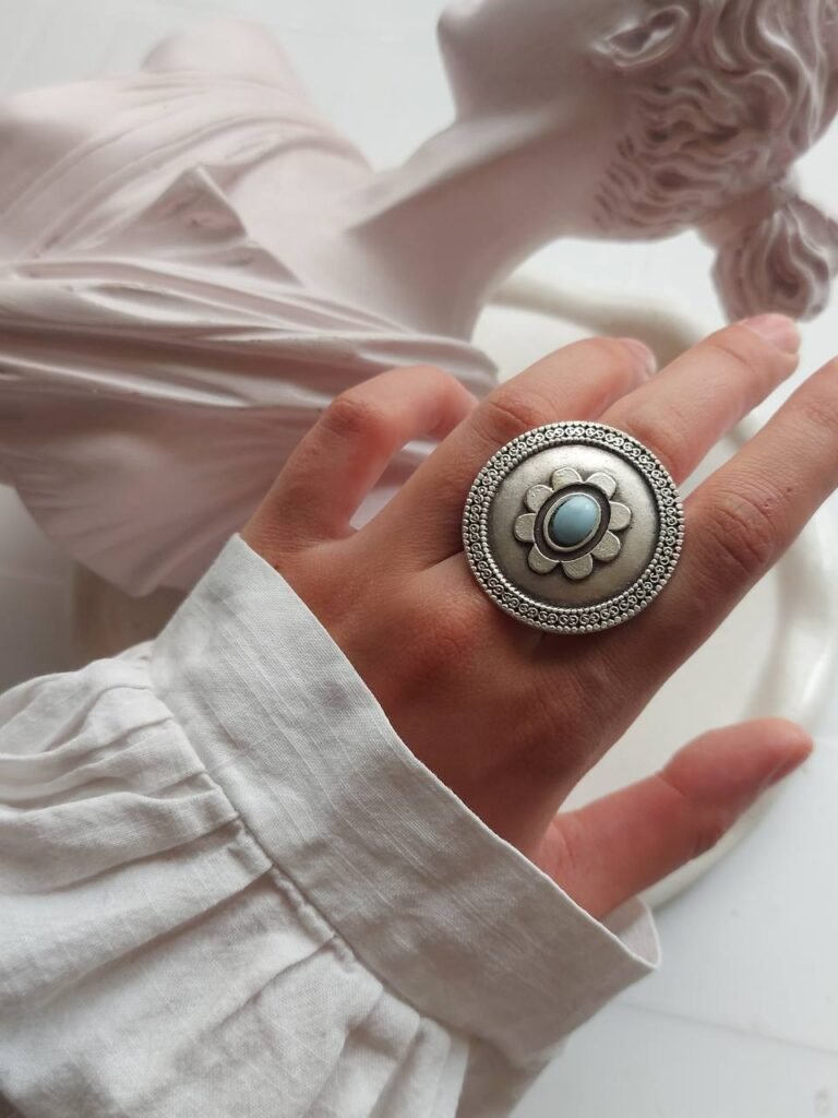 Handmade Floral Nickel Silver Statement Ring – Free Size