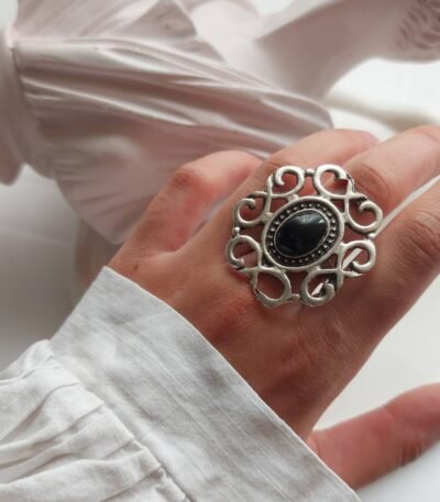 Handmade Ornate Nickel Silver Ring with Resin – Free Size