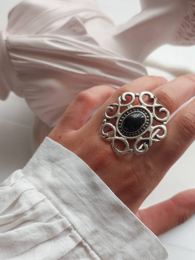 Handmade Ornate Nickel Silver Ring with Resin – Free Size