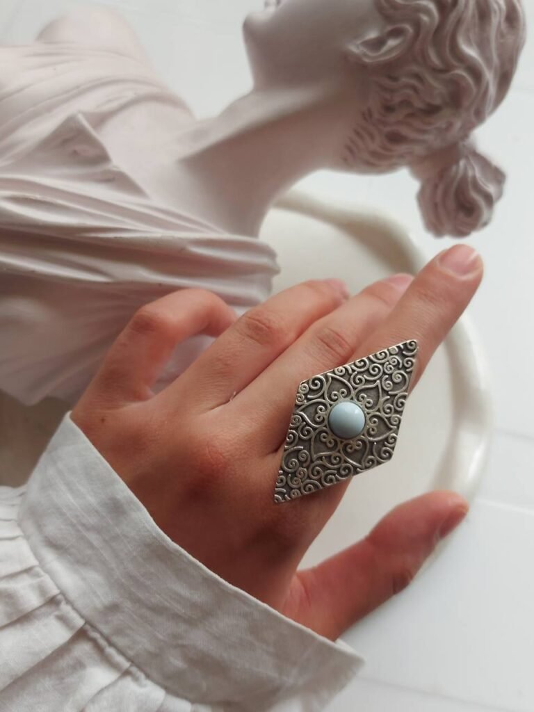 Diamond-Shaped Nickel Silver Ring with Resin – Free Size