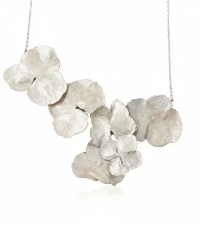 A cluster necklace made of multiple silver-toned hydrangea flowers with a delicate silver chain on a white background.