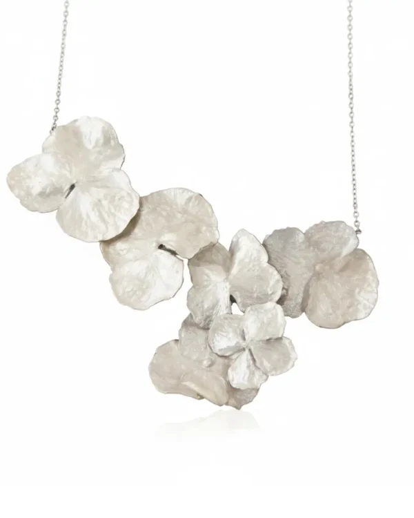 A cluster necklace made of multiple silver-toned hydrangea flowers with a delicate silver chain on a white background.