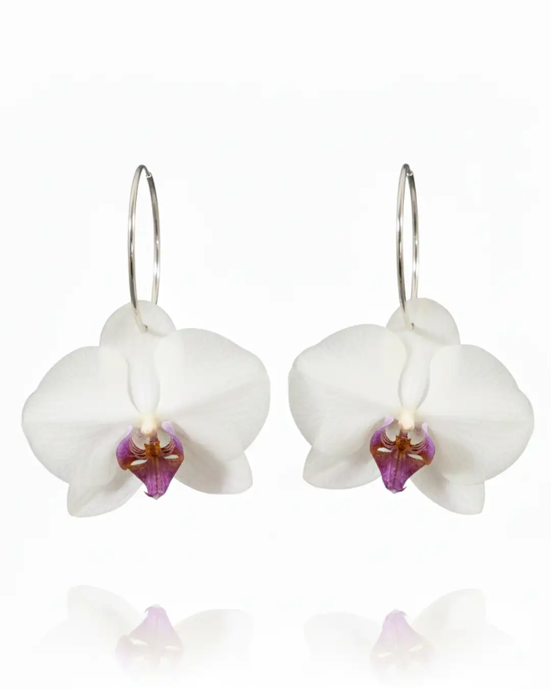 How to Choose the Perfect Earrings for Your Face Shape 8 Handmade white orchid hoop earrings with natural preserved petals and silver hoops on a white background