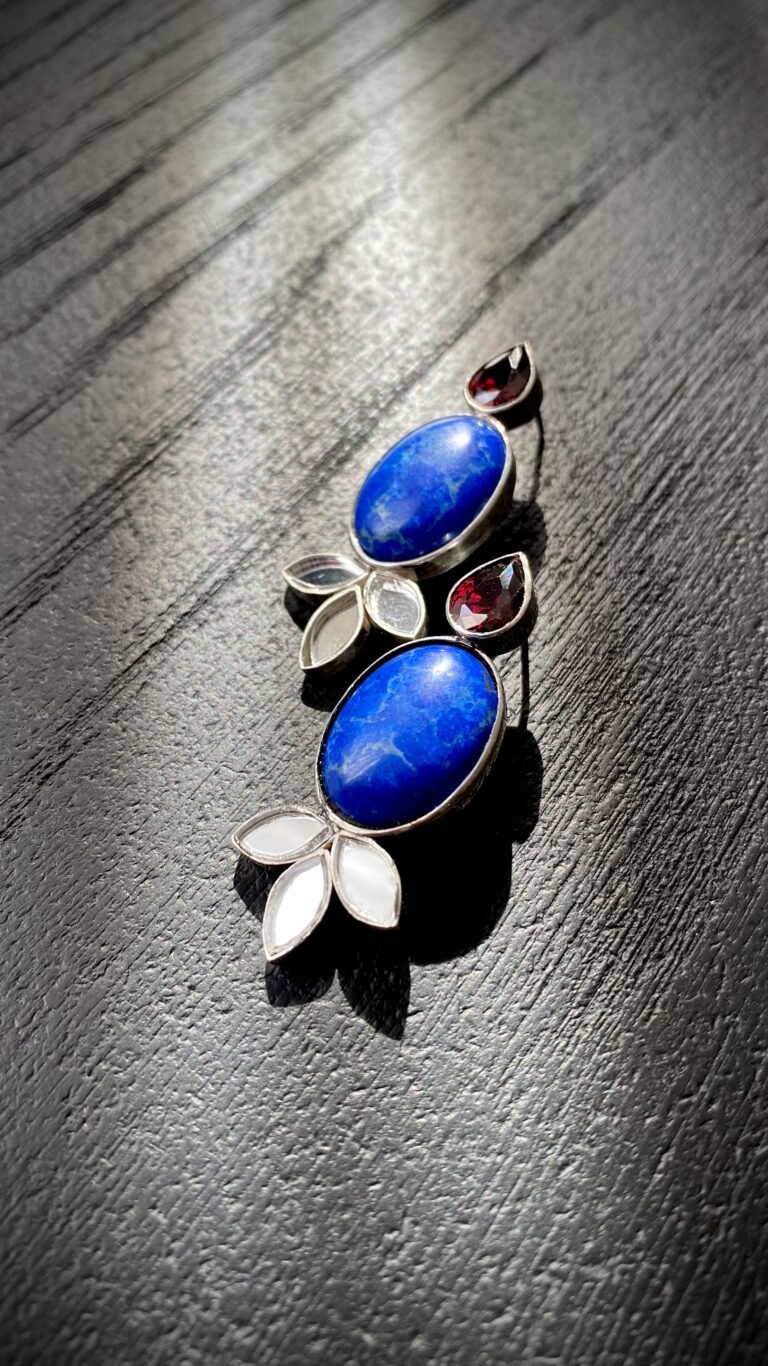 “Delbar” Handmade Silver Earrings with Lapis Lazuli, Garnet, and Mirror, Inspired by Iranian Architecture