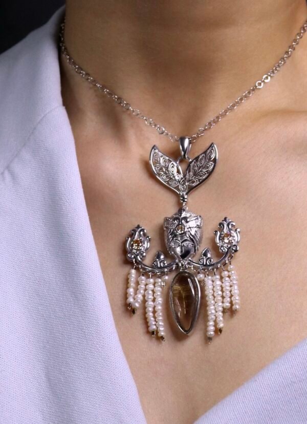 Parishid Gold Plated Silver Pendant with Pearl and Rutile and Synthetic gemstones.