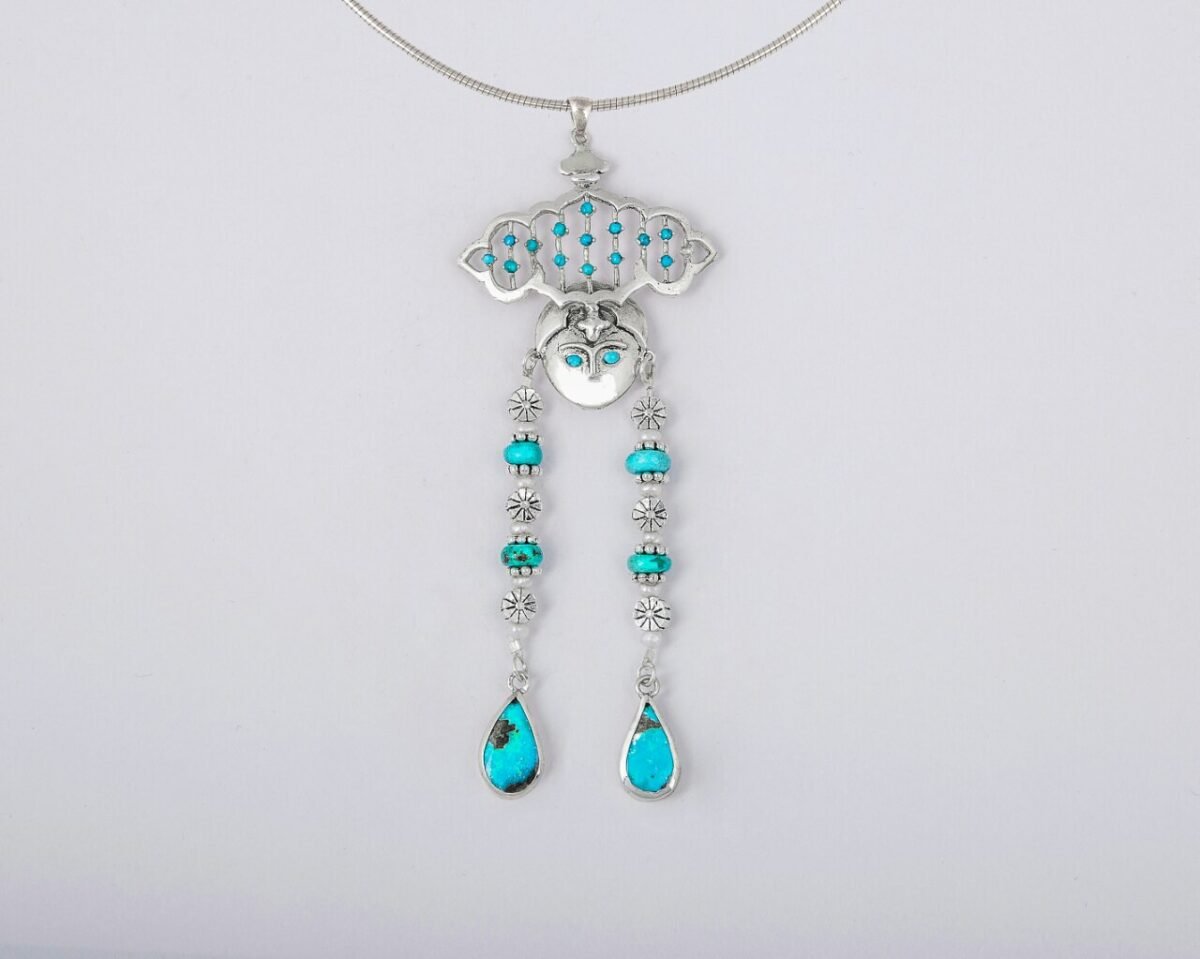Dokhtar-e-Abri Gold Plated Silver Pendant with Turquoise and Sapphire gemstones - Image 1